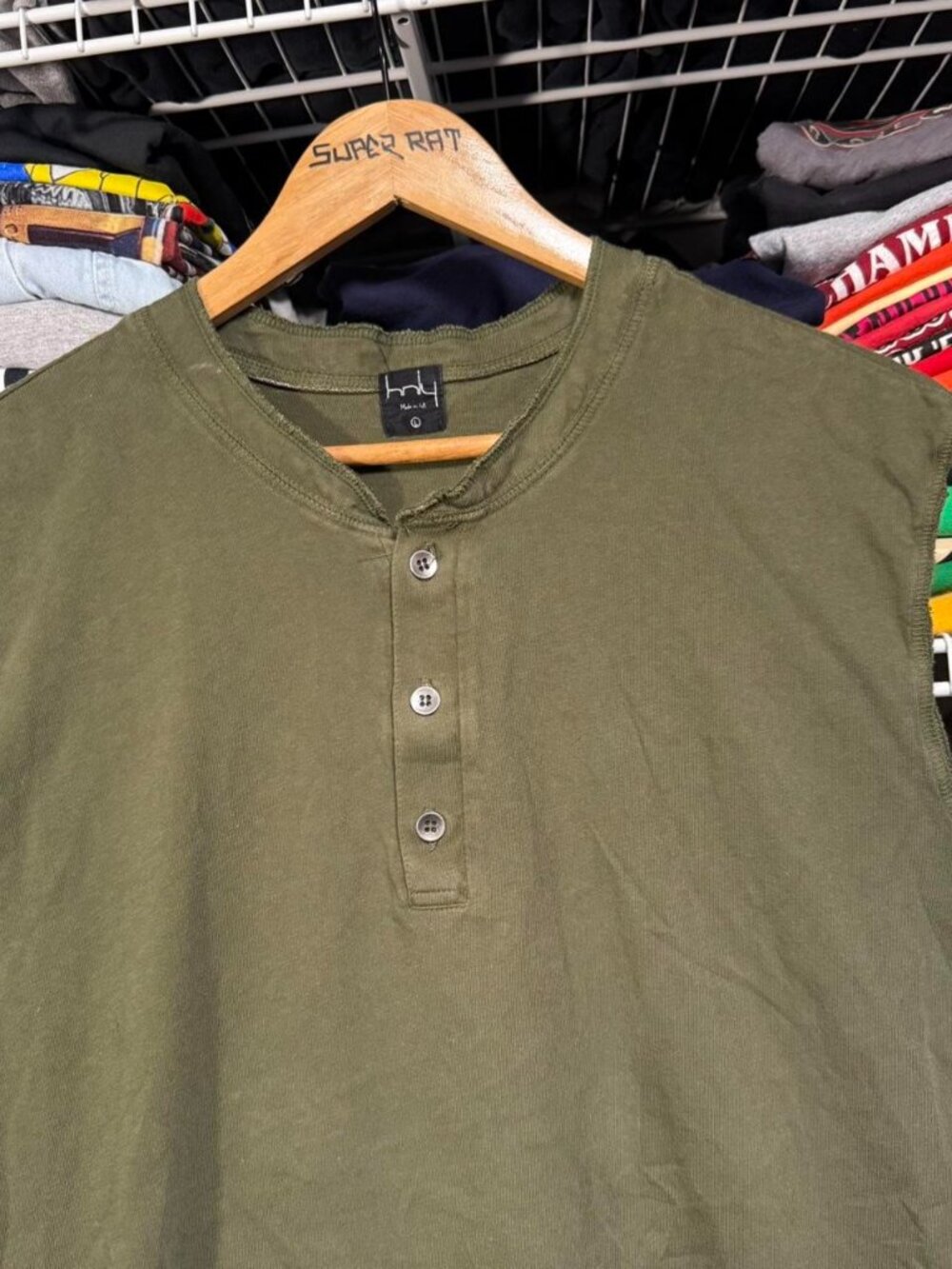 Hnly made in LA green sleeveless Henley shirt